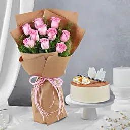 10 Pink Roses W Butterscotch Cake-picture-19