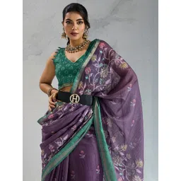 100 Dreams Floral Printed Sequinned Block Print Saree-picture-33