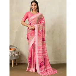 100 Dreams Floral Printed Zari Saree With Unstitched Blouse Piece-picture-27