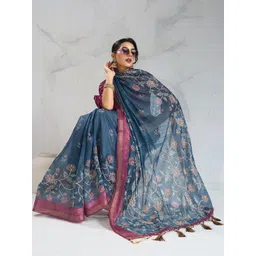 100 Dreams Foral Printed Zari Block Print Saree-picture-32