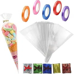 100 Pcs Return Gift Bags for Kids Birthday, Return Gift Bags for Kids Clear Cellophane Cones with Twist Ties & Ribbons | Festive Reusable Goodie Bags for Parties Holidays & Themed Events - Small Size for Candies Treats & Favor-picture-31