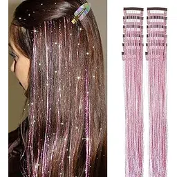 12Pcs Pink Tinsel Hair Extensions – 20 Inch Heat Resistant Clip in Glitter Hair Extensions, Sparkle Hair Tinsel Kit for Women Girls Kids Festival Party Accessories-picture-26