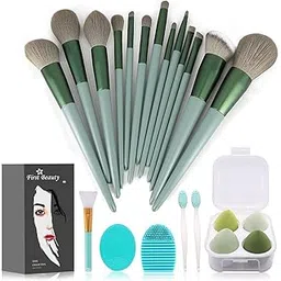 13 Pcs Green Beauty Makeup Brush Set with Blender Sponges & Cleaning Tools | Professional Soft Synthetic Brushes for Face & Eye Makeup | Complete Makeup Tool Kit for Women-image-7
