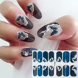 14 PCS Gel Nail Stickers - Glitter Blue Full Coverage Self-Adhesive Nail Patch-picture-15
