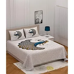 144 TC 100% Cotton Double Bedsheet Set with 2 Pillow Covers | Double Bed Size/Queen Size Bed Bedsheet Set 90x100 inches, Peacock Design (Multicolor 1)-image-16