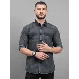 18 Plus Men Spread Collar Faded Denim Casual Shirt-picture-39
