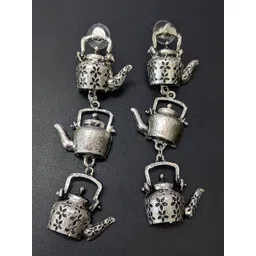 19TH JULY JEWELS Silver-Plated Oxidised Kettle Contemporary Shaped Drop Earrings-picture-10