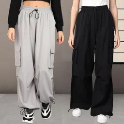 1stlov Pack of 2 Women Loose Fit Black, Grey Polyester Trousers-picture-15