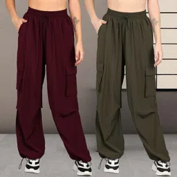 1stlov Pack of 2 Women Loose Fit Maroon, Dark Green Polyester Trousers-picture-25