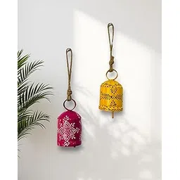 2 PC Bell Wall Hanging Decor | Garden Tree Hanging Bells Decoration | Handpainted Hanging Ornaments for Home Living Room Wind Chime (Pink & Yellow)-image-46