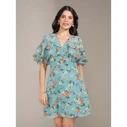 20Dresses Women Blue & Orange Floral Print Ruffled Wrap Dress-picture-36