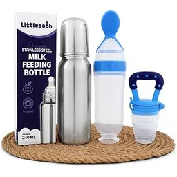 240ml Stainless Steel Baby Milk Bottle with Food & Fruit Feeder/Nibbler and Silicone Baby Spoon Feeder | BPA-Free Feeding Bottle Set for Newborns, Infants & Toddlers | Pack of 3 | Blue-picture-24