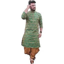 26 i Men Jacquard Kurta and Dhoti Set(Green and Mustard) 40-picture-28