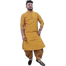 26 i Men Jacquard Kurta and Dhoti Set(Yellow and Mustard) 42-picture-45