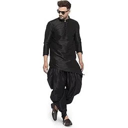 26 i Men's Silk Balloon Salwar Dhoti Pant Set (Black Slant Slit But Black Sal Dh 42_Black_42)-picture-31