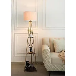 3 Shelves Floor Lamp Brass Antique Finish 5 Feet Height with 12” Diameter Beige Drum Shade for Living Room, Bedroom, Home Decoration | Led Bulb Included - Pack of 1-picture-24