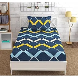 300 TC 100% Soft Glace Cotton Elastic Fitted Single Bed Bedsheet with 1 Large Pillow Cover (Single Bed 36 X72X6 inches, Navy Box)-image-26