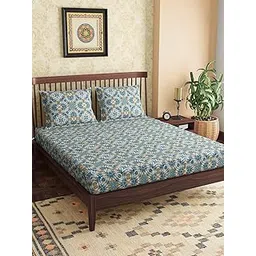 300 TC Alhambra Teal 100% Cotton Queen Size Bed Sheet with 2 Pillow Covers-image-34
