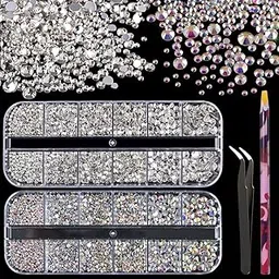 3440pcs 6 Sizes Transparent White and AB Glass Crystal Kit with Pickup Pen + Tweezer Tools for Iridescent Shine Nail Art Manicure Makeup DIY Deco Flatback Round Bead Rhinestone Gem Jewelry Diamond-picture-18