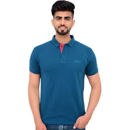 3bros Men Solid Polo Neck Cotton Blend (220 gsm) Blue T-Shirt-picture-14