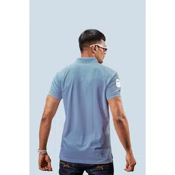 3bros Men Solid Polo Neck Cotton Blend Blue T-Shirt image 3