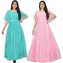 3buddy fashion Women's Fit and Flare Maxi Net and Silk Semi-Stitched Gown-picture-12