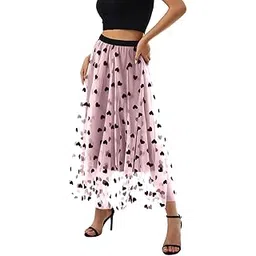 3buddy fashion Women's High Waist Tulle Net Skirt with Black Heart Print, Flared Midi Sheer Overlay Skirt-picture-22