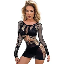 3mads Women Fishnet Bodystocking Attached Stockings Sexy Lingerie Crotchless Bodysuit (MS-4005,One Piece Babydoll One Size)-picture-25
