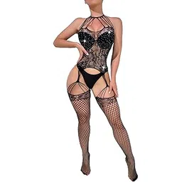 3mads Women Fishnet Bodystocking Attached Stockings Sexy Lingerie Crotchless Bodysuit (One Piece Babydoll One Size)-picture-54