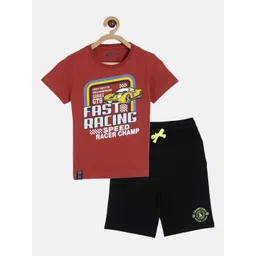 3PIN Boys Maroon & Black Graphic Typography Printed T-shirt with Shorts-picture-37
