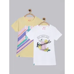 3PIN Girls Pack Of 2 Yellow & White Printed Pure Cotton T-shirts-picture-34