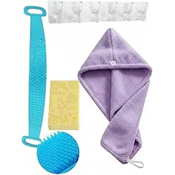 4 Set for Men Women | Daily Bath Essentials Kit | Premium Silicone Back Scrubber | Hair Drying Microfiber Towel Cap | Exfoliating Loofah Sponge | Body Cleaning Foam Sponges | Bathroom Organizer Hooks | Luxury Bath & Skincare Combo | Premium Shower Kit | Bathroom Accessories Combo Set-picture-11