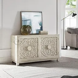 46Treeform "Elegant Ornate White Carved Wood 2-Door Accent Cabinet with Intricate Floral Design - Bohemian Chic Storage Console for Living Room, Entryway, or Bedroom-picture-16