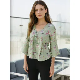 4WRD by Dressberry Floral Printed Bell Sleeve Georgette Tie-Ups High Low Peplum Top-image-26