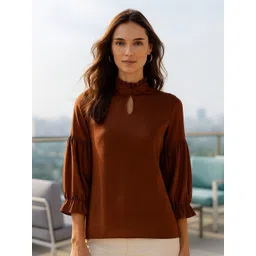 4WRD by Dressberry Women Mocha Mousse Puff Sleeves Band Collar Top-picture-37