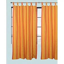 5 Feet Cotton Multi Striped Light Filtering Semi Darkening Quick & Easy Fix Button Closure Type Tab Top Loop Window Semi Sheer Curtain, Pack Of 2, (Rust-Gold Yellow Multi)-picture-31