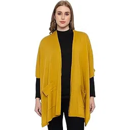 513 Women Girls Acrylic Winter Wear Solid Knitted Open Front Kimono Shrug Wrap with Pocket Yellow-picture-20
