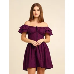 7OUNCE Off-Shoulder Flutter Sleeve Ruffled Crepe Fit & Flare Mini Dress-picture-21