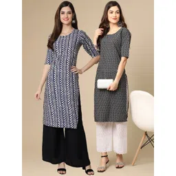 7threads KALINI Pack Of 2 Women Black & White Geometric Printed Crepe Kurta-picture-25