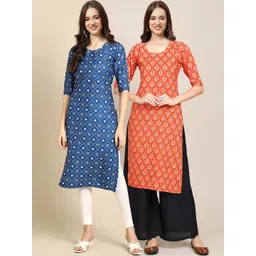 7threads KALINI Pack Of 2  Women Blue & Orange Ethnic Motifs Printed Summer Sheers Crepe Kurta-picture-41
