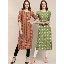 7threads KALINI PACK OF 2 Women Brown & Green Ethnic Motifs Printed Summer Sheers Crepe Kurta-picture-29