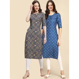 7threads KALINI PACK OF 2 Women Navy Blue & Blue Ethnic Motifs Printed Summer Sheers Crepe Kurta-picture-21