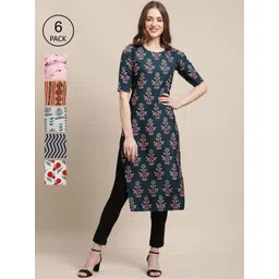 7threads KALINI Pack Of 6 Women Green & Pink Floral Printed Crepe Kurta-picture-19