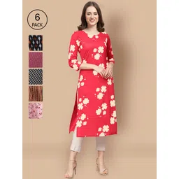 7threads KALINI Pack of 6  Women Red & Pink Floral Printed Summer Sheers Crepe Kurta-picture-17