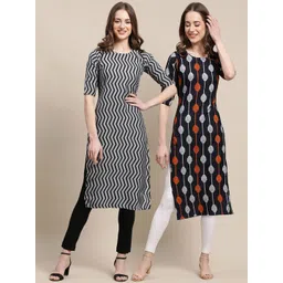 7threads KALINI Women Black & Grey Set Of 2 Ethnic Motifs Printed Crepe Kurta-picture-14