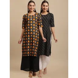 7threads KALINI Women Black & Orange Striped Block Print Handloom Crepe Kurta-picture-24