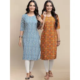 7threads KALINI Women Blue & Mustard Yellow Geometric Striped Block Print Crepe Kurta-picture-33