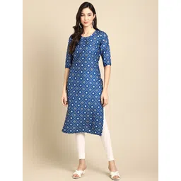 7threads KALINI Women Blue Geometric Printed Keyhole Neck Summer Sheers Crepe Kurta-picture-40