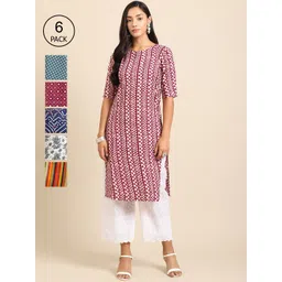 7threads KALINI Women Multicoloured Geometric Printed Flared Sleeves Mirror Work Block Print Crepe Kurta-picture-29