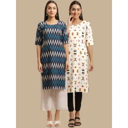 7threads KALINI Women Navy Blue & Off White Pack Of 2 Geometric Printed Crepe Kurta-picture-10